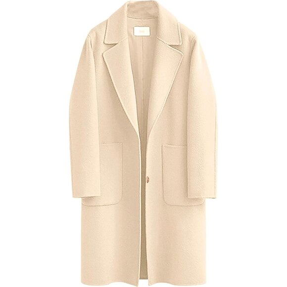 💫 Women White Mid Long Pea Coat Lapel Wool Button Warm Thicken Trench Jacket